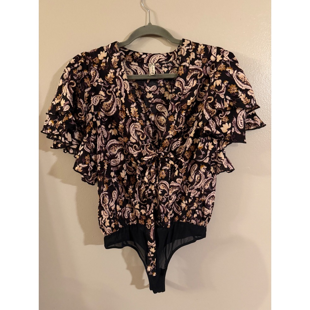Intimately Free People Paisley‎ Ruffle Sleeve Tie Front Bodysuit Black Small S P